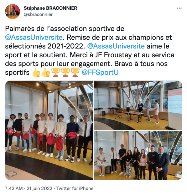 Tweet de félicitations de Stéphane Braconnier au Palmarès AS 2022